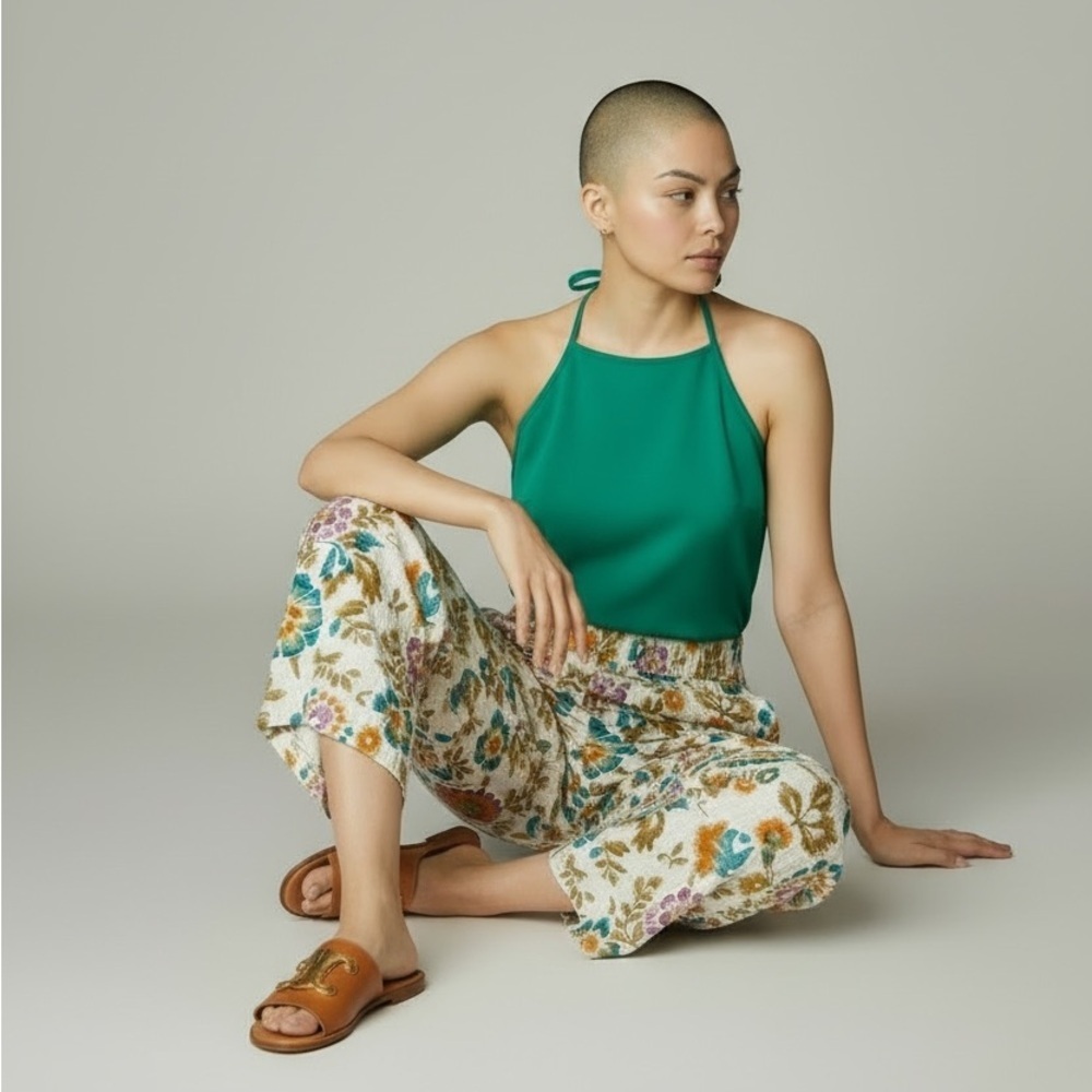 Christian Siriano White Floral Linen Wide Leg Pants with Teal & Pink Accents